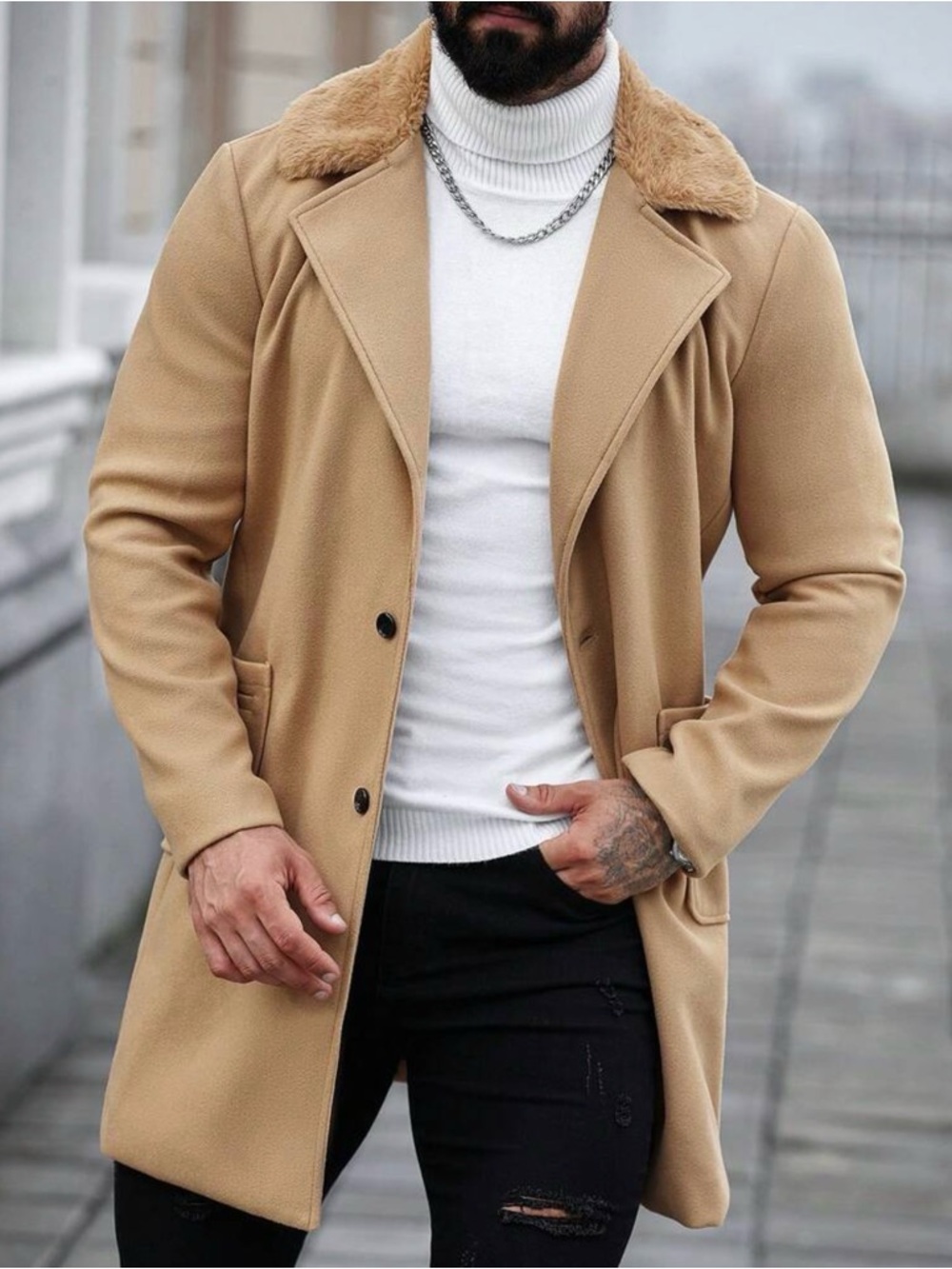 Men's Camel Faux Fur Collar Overcoat